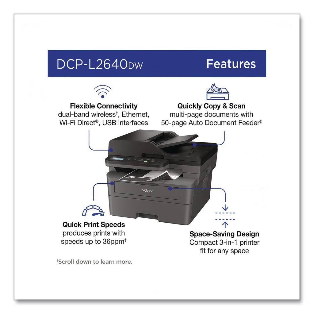 DCP-L2640DW Wireless Compact Monochrome Multifunction Laser Printer, Copy/Print/Scan