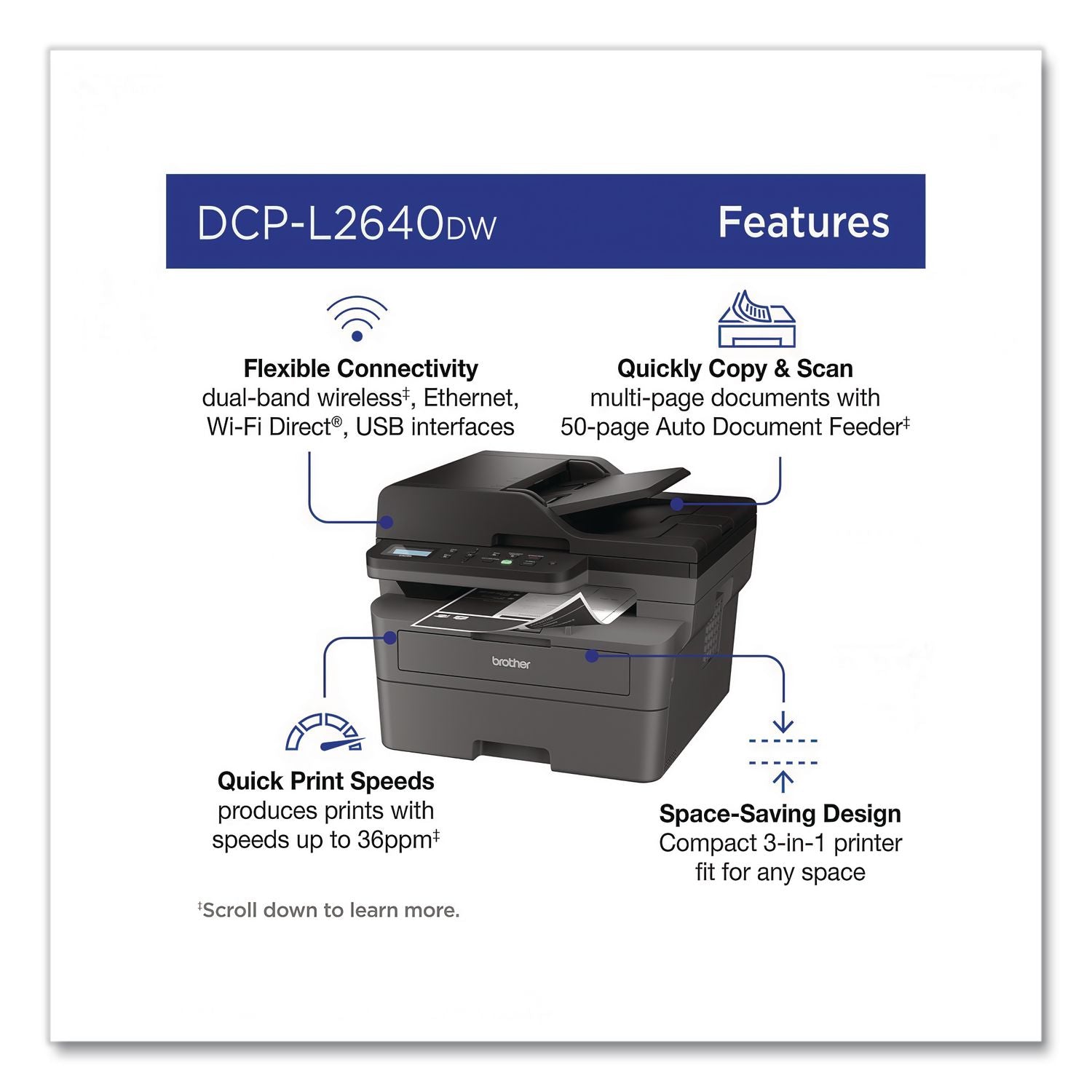 DCP-L2640DW Wireless Compact Monochrome Multifunction Laser Printer, Copy/Print/Scan