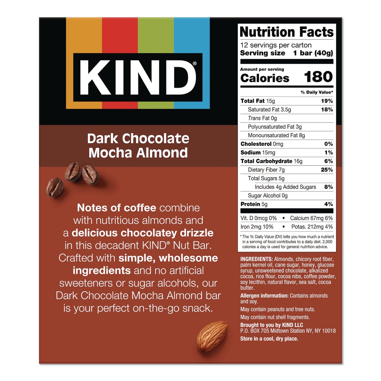 Nuts and Spices Bar, Dark Chocolate Mocha Almond, 1.4 oz Bar, 12/Box