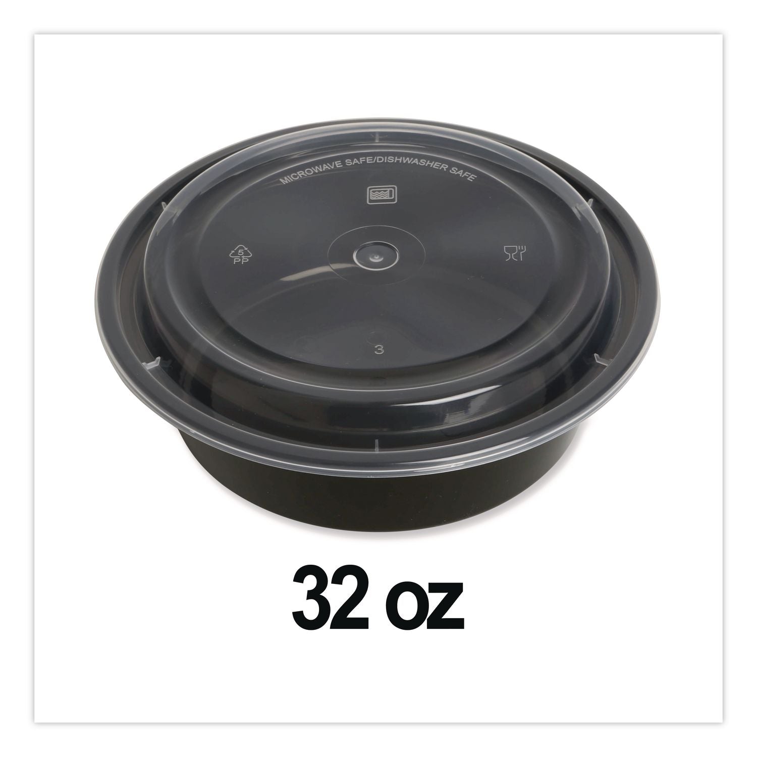 Microwavable Food Container with Lid, Round, 32 oz, 7.28 x 7.28 x 2.55, Black/Clear, Plastic, 150/Carton