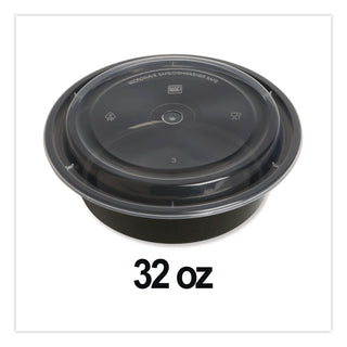 Microwavable Food Container with Lid, Round, 32 oz, 7.28 x 7.28 x 2.55, Black/Clear, Plastic, 150/Carton