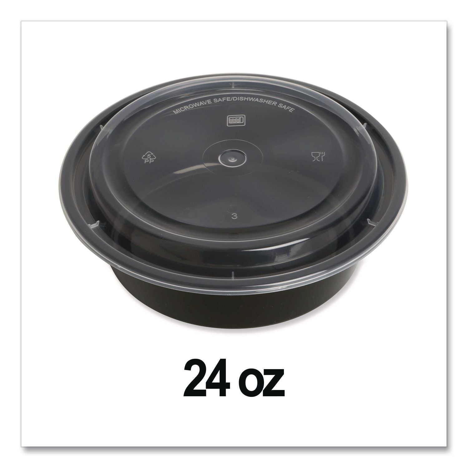 Microwavable Food Container with Lid, Round, 24 oz, 7.28 x 7.28 x 1.96, Black/Clear, Plastic, 150/Carton