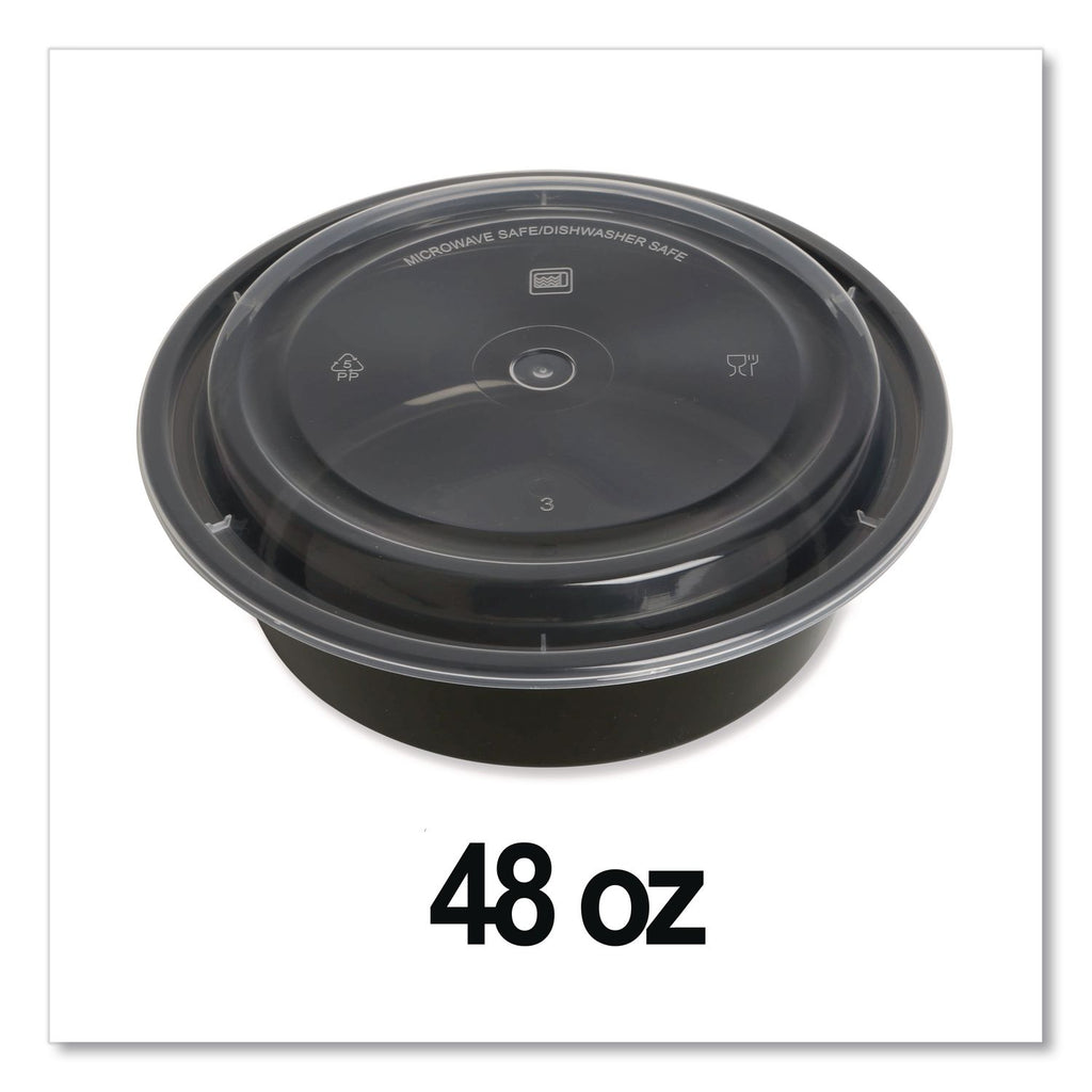 Microwavable Food Container with Lid, Round, 48 oz, 8.85 x 8.85 x 2.24, Black/Clear, Plastic, 150/Carton