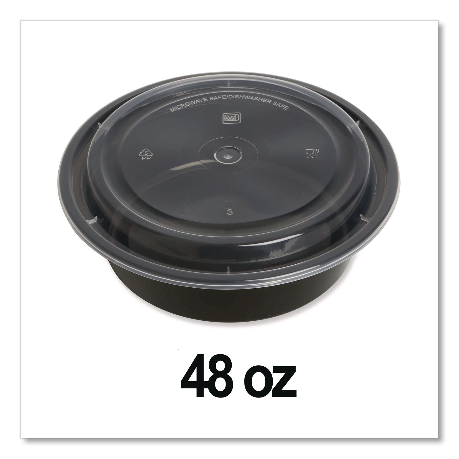 Microwavable Food Container with Lid, Round, 48 oz, 8.85 x 8.85 x 2.24, Black/Clear, Plastic, 150/Carton