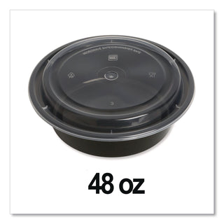 Microwavable Food Container with Lid, Round, 48 oz, 8.85 x 8.85 x 2.24, Black/Clear, Plastic, 150/Carton