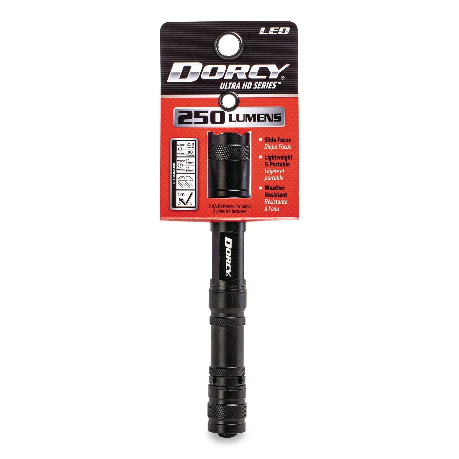 Dorcy Active Series Lightweight Flashlight - 250 lm Lumen - 2 x AA - Battery - Metal, Aircraft Aluminum - Water Resistant, Impact Resistant - Black