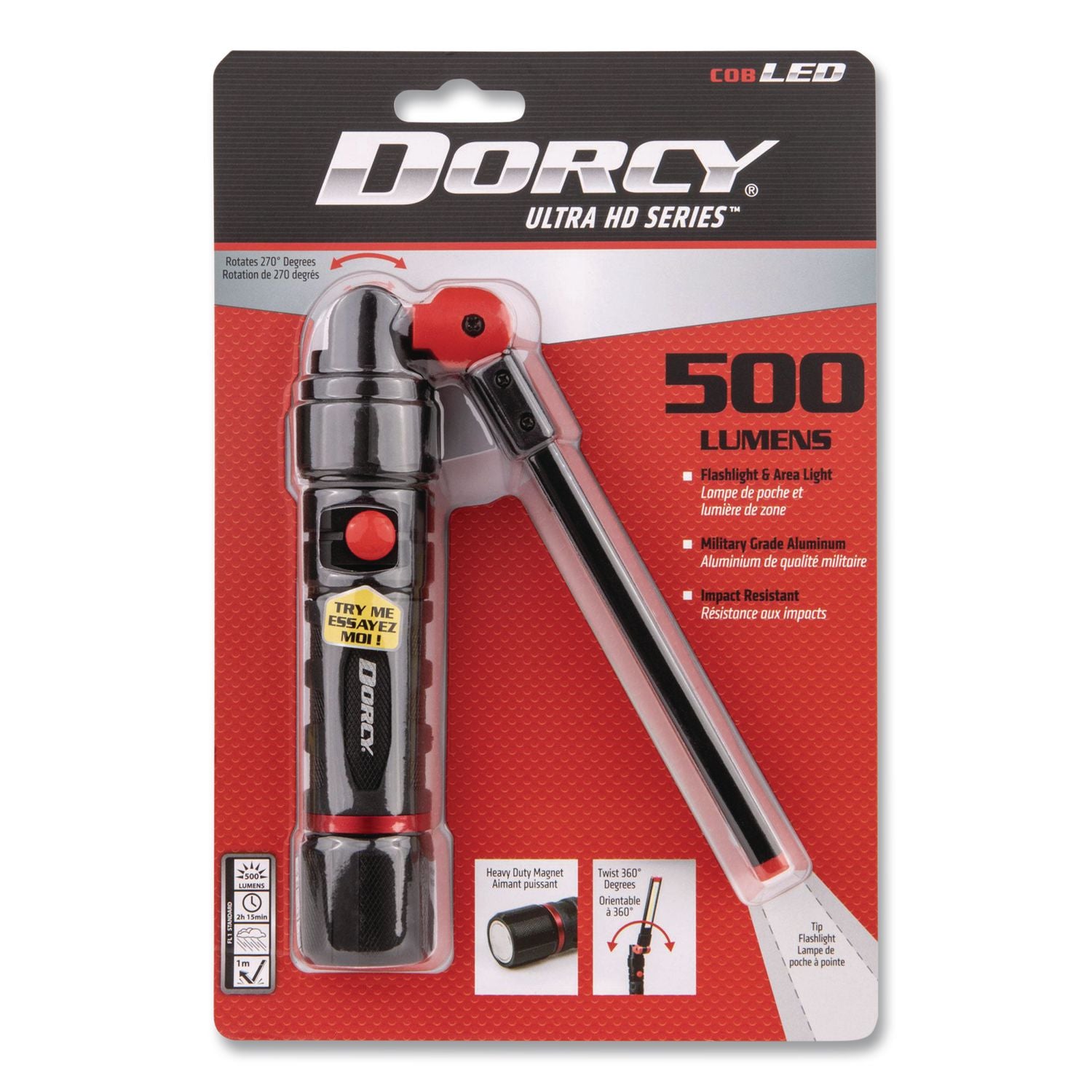 Dorcy Ultra HD Series Foldable Flashlight - LED - 500 lm Lumen - 3 x AAA - Battery - Impact Resistant, Water Resistant - Black, Red