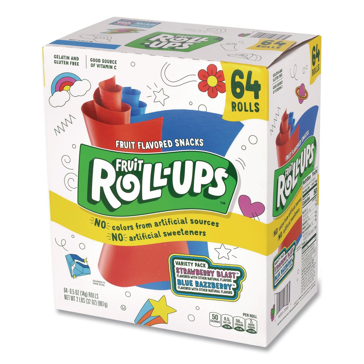 Fruit Roll-Ups Fruit Snacks, Strawberry and Tropical Tie-Dye Flavors, 0.5 oz, 72 Pouches/Carton, Ships in 1-3 Business Days
