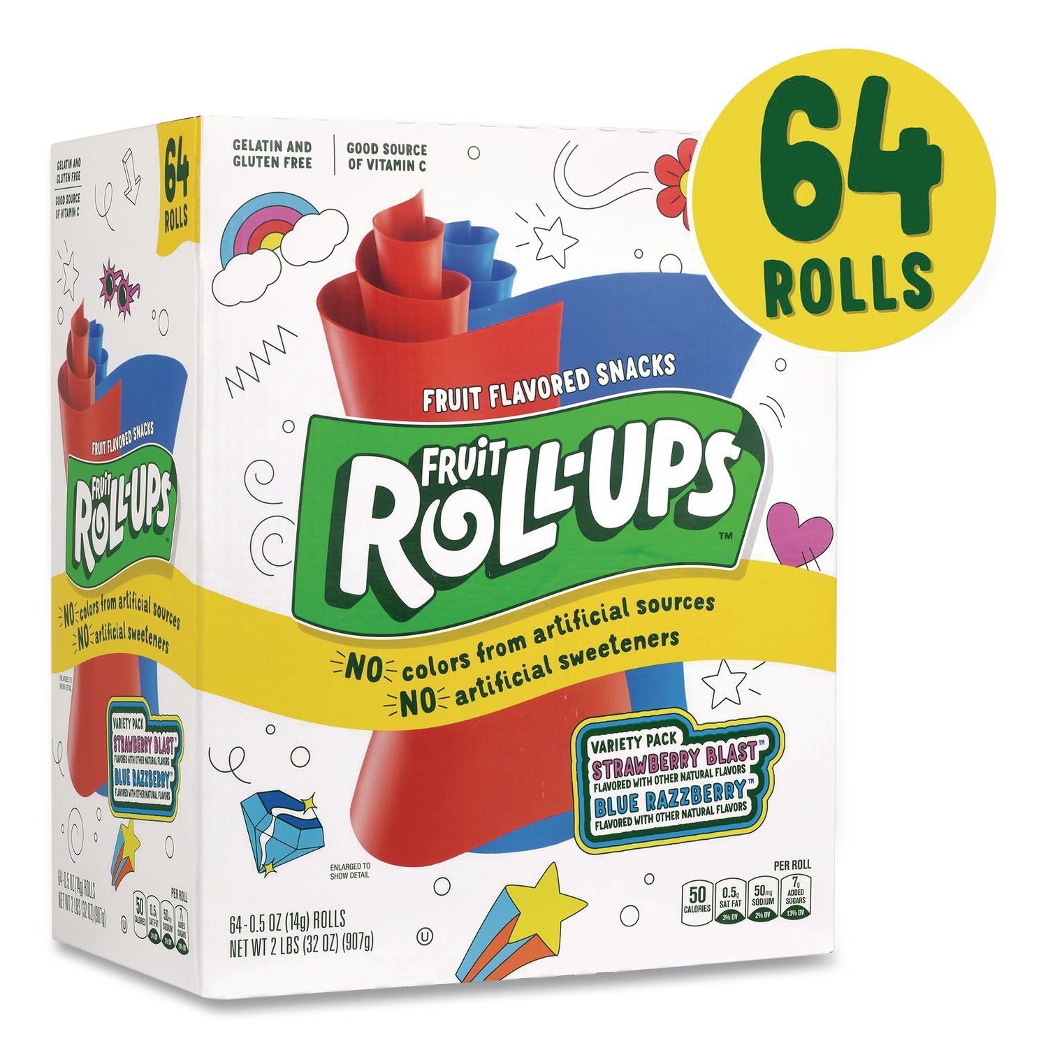 Fruit Roll-Ups Fruit Snacks, Strawberry and Tropical Tie-Dye Flavors, 0.5 oz, 72 Pouches/Carton, Ships in 1-3 Business Days