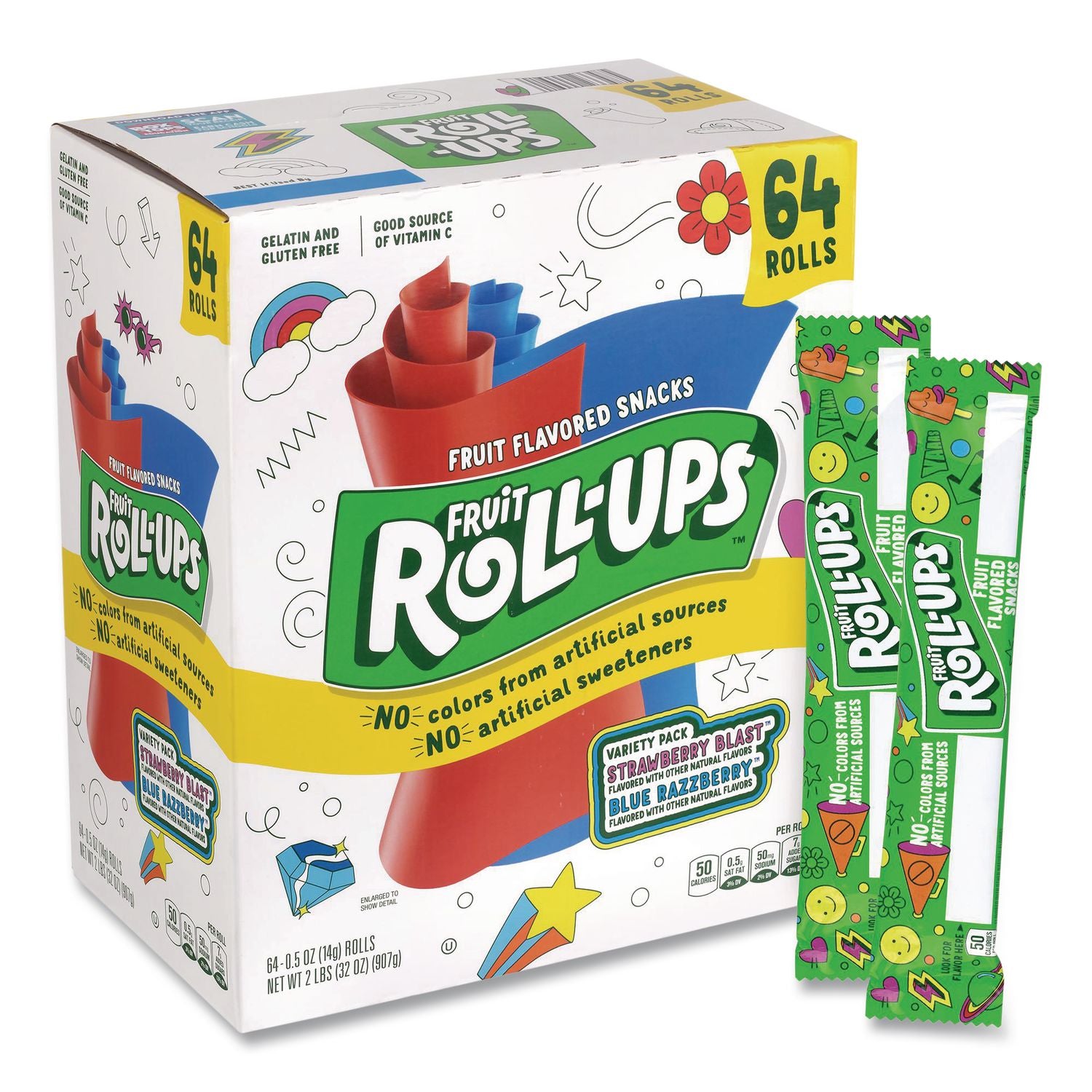 Fruit Roll-Ups Fruit Snacks, Strawberry and Tropical Tie-Dye Flavors, 0.5 oz, 72 Pouches/Carton, Ships in 1-3 Business Days