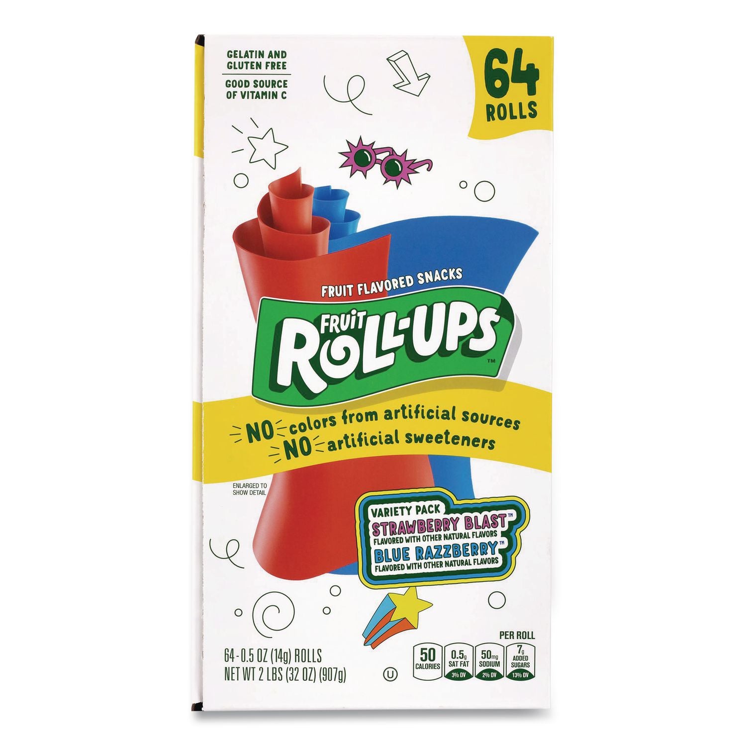 Fruit Roll-Ups Fruit Snacks, Strawberry and Tropical Tie-Dye Flavors, 0.5 oz, 72 Pouches/Carton, Ships in 1-3 Business Days