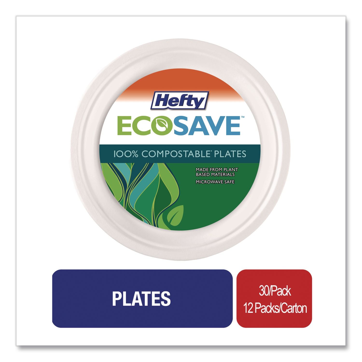 ECOSAVE Tableware, Plate, Bagasse, 6.75" dia, White, 30/Pack, 12 Packs/Carton