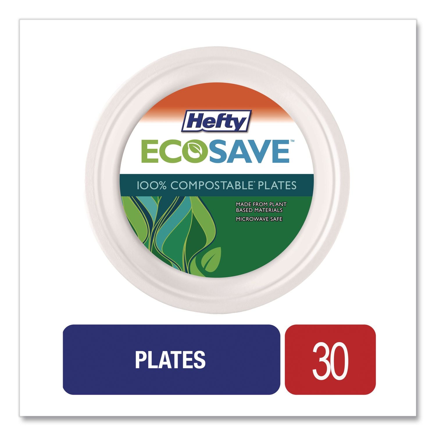 ECOSAVE Tableware, Plate, Bagasse, 6.75" dia, White, 30/Pack
