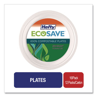 ECOSAVE Tableware, Plate, Bagasse, 10.13" dia, White, 16/Pack, 12 Packs/Carton