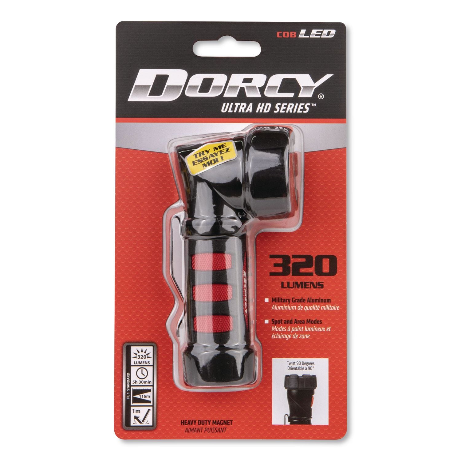 Dorcy Ultra HD Series COB Swivel Flashlight - LED - 320 lm Lumen - 3 x AAA - Battery - Metal - Impact Resistant - Black, Red
