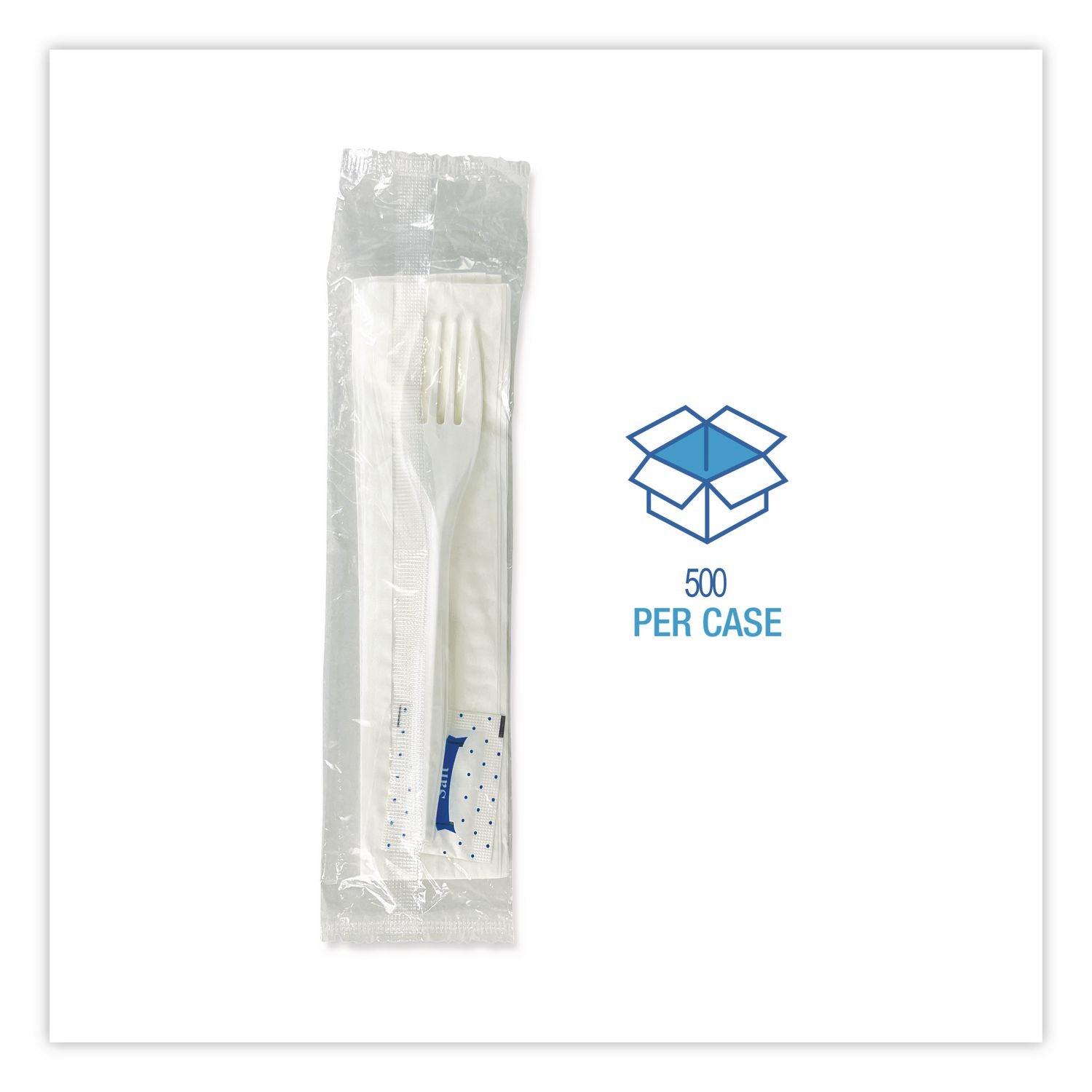 Three-Piece Utensil Set, Fork/Napkin/Salt Packet, White, 500/Carton