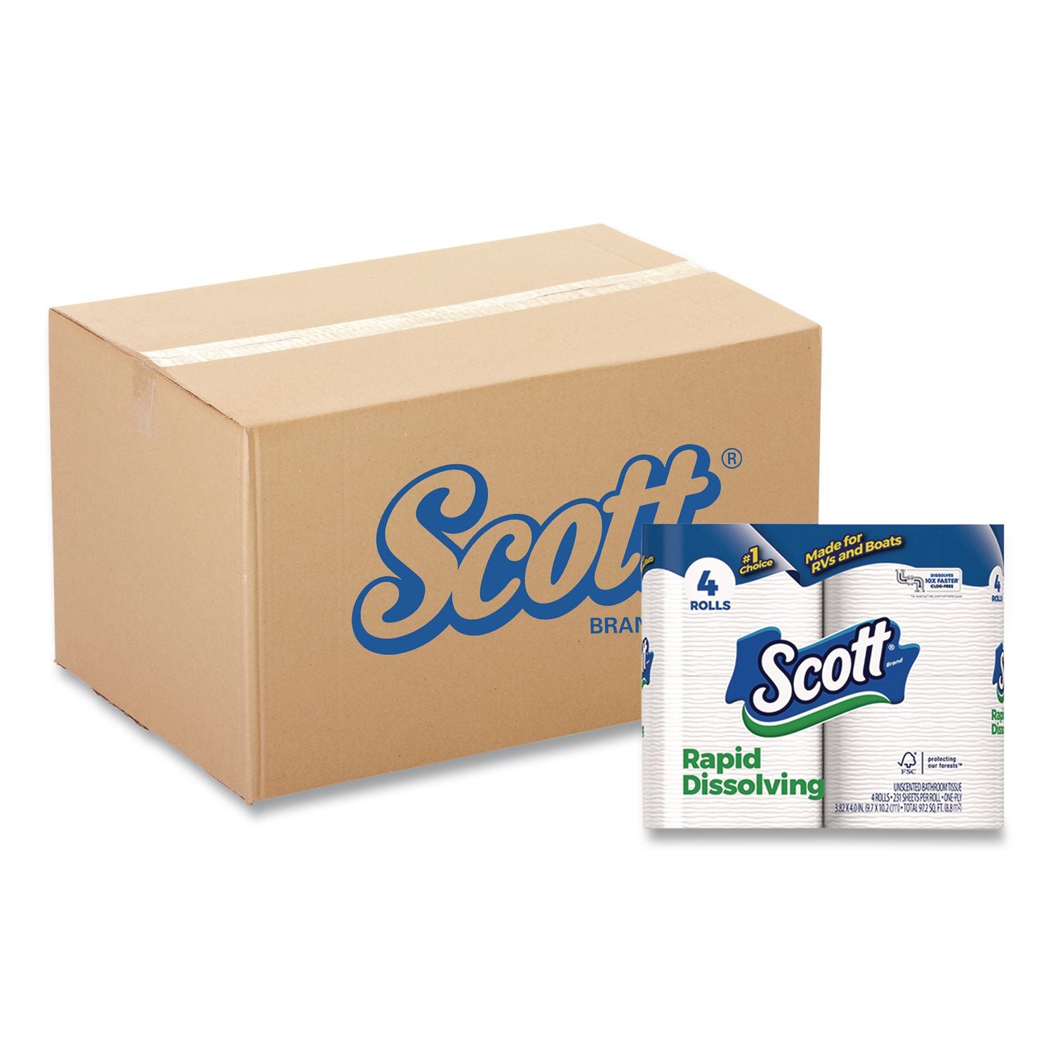Rapid-Dissolving Toilet Paper, Bath Tissue, Septic Safe, 1-Ply, White, 231 Sheets/Roll, 4/Rolls/Pack, 12 Packs/Carton
