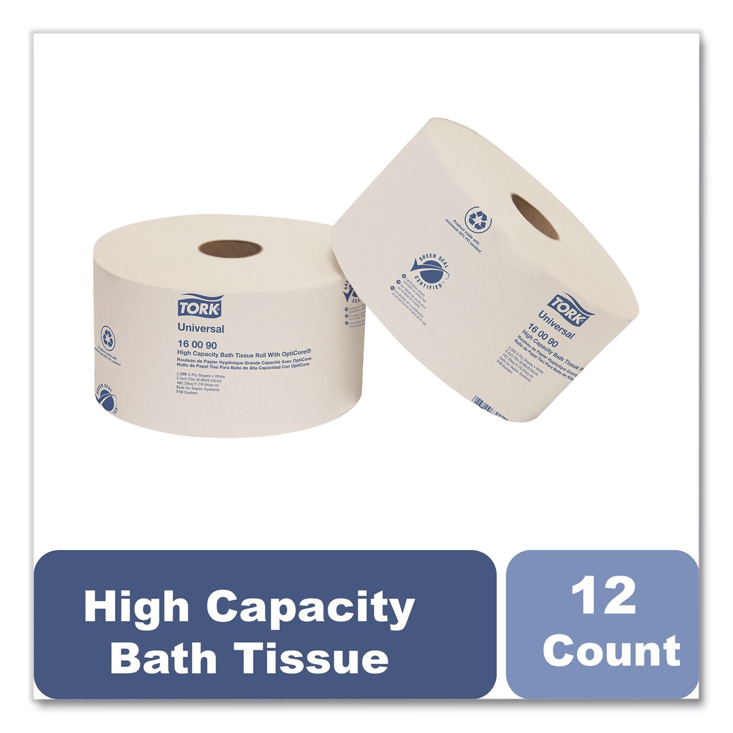 Universal High Capacity Bath Tissue w/OptiCore, Septic Safe, 2-Ply, White, 2,000/Roll, 12/Carton