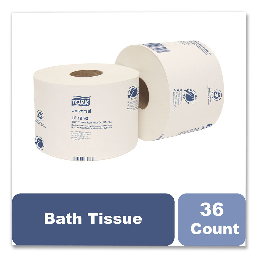 Universal Bath Tissue Roll with OptiCore, Septic Safe, 2-Ply, White, 865 Sheets/Roll, 36/Carton