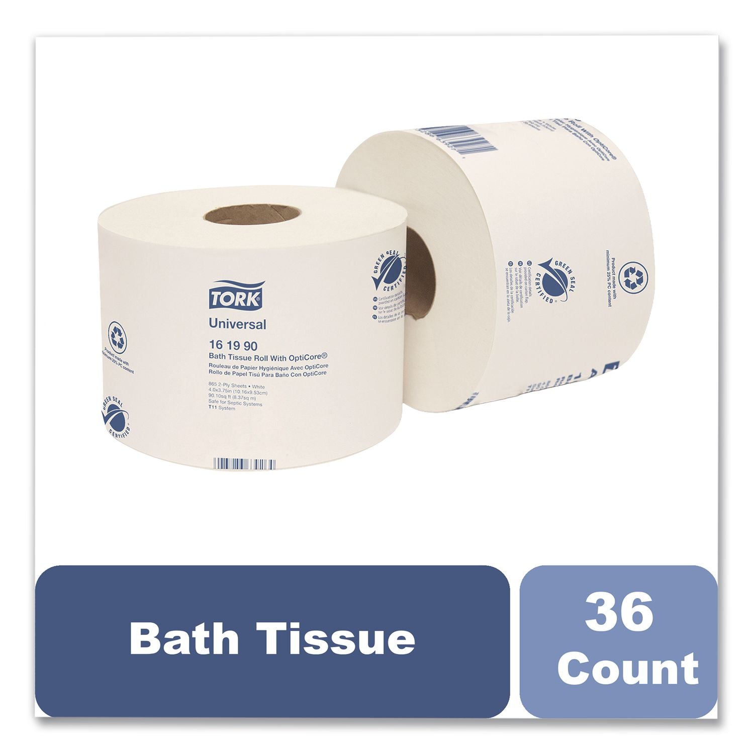 Universal Bath Tissue Roll with OptiCore, Septic Safe, 2-Ply, White, 865 Sheets/Roll, 36/Carton