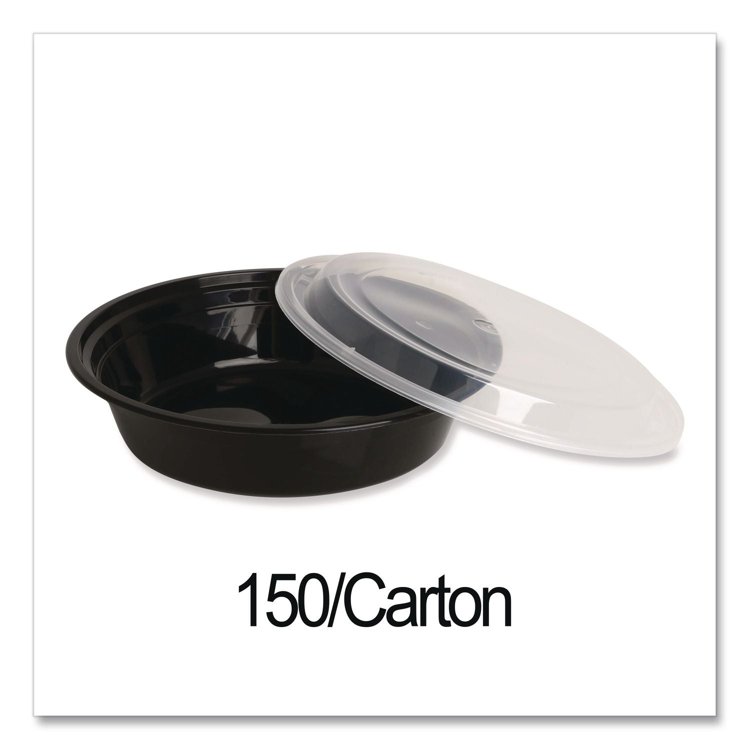 Microwavable Food Container with Lid, Round, 24 oz, 7.28 x 7.28 x 1.96, Black/Clear, Plastic, 150/Carton