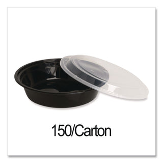 Microwavable Food Container with Lid, Round, 24 oz, 7.28 x 7.28 x 1.96, Black/Clear, Plastic, 150/Carton