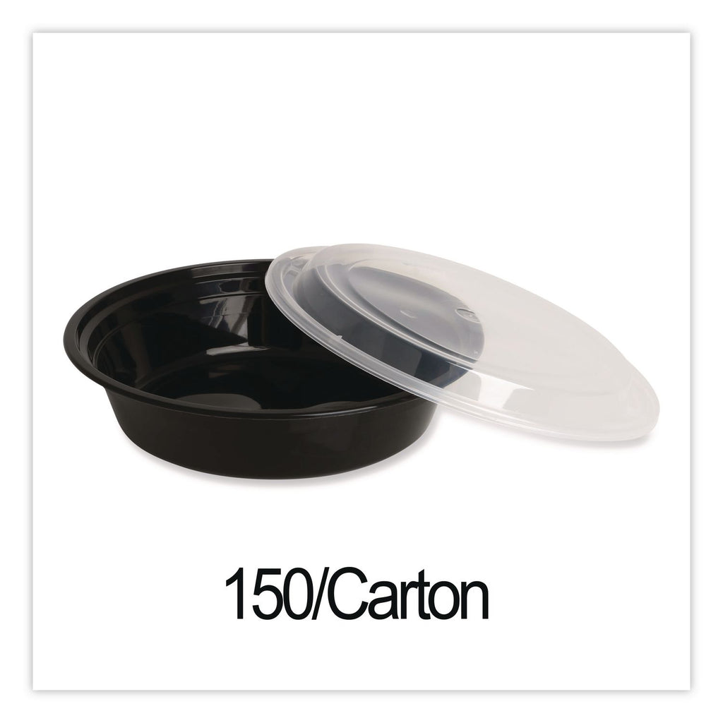 Microwavable Food Container with Lid, Round, 48 oz, 8.85 x 8.85 x 2.24, Black/Clear, Plastic, 150/Carton
