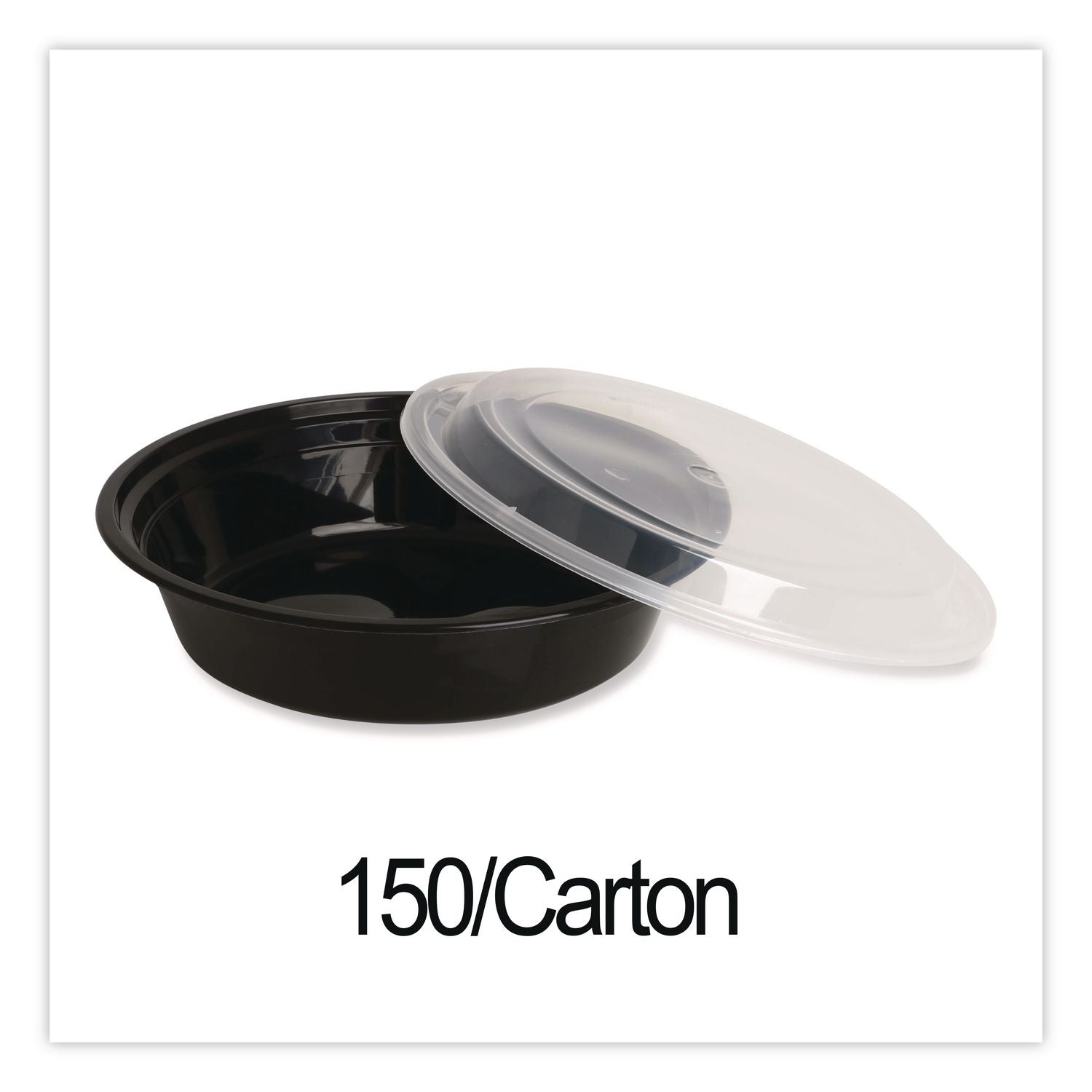 Microwavable Food Container with Lid, Round, 48 oz, 8.85 x 8.85 x 2.24, Black/Clear, Plastic, 150/Carton