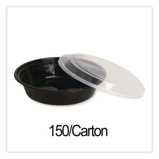 Microwavable Food Container with Lid, Round, 48 oz, 8.85 x 8.85 x 2.24, Black/Clear, Plastic, 150/Carton