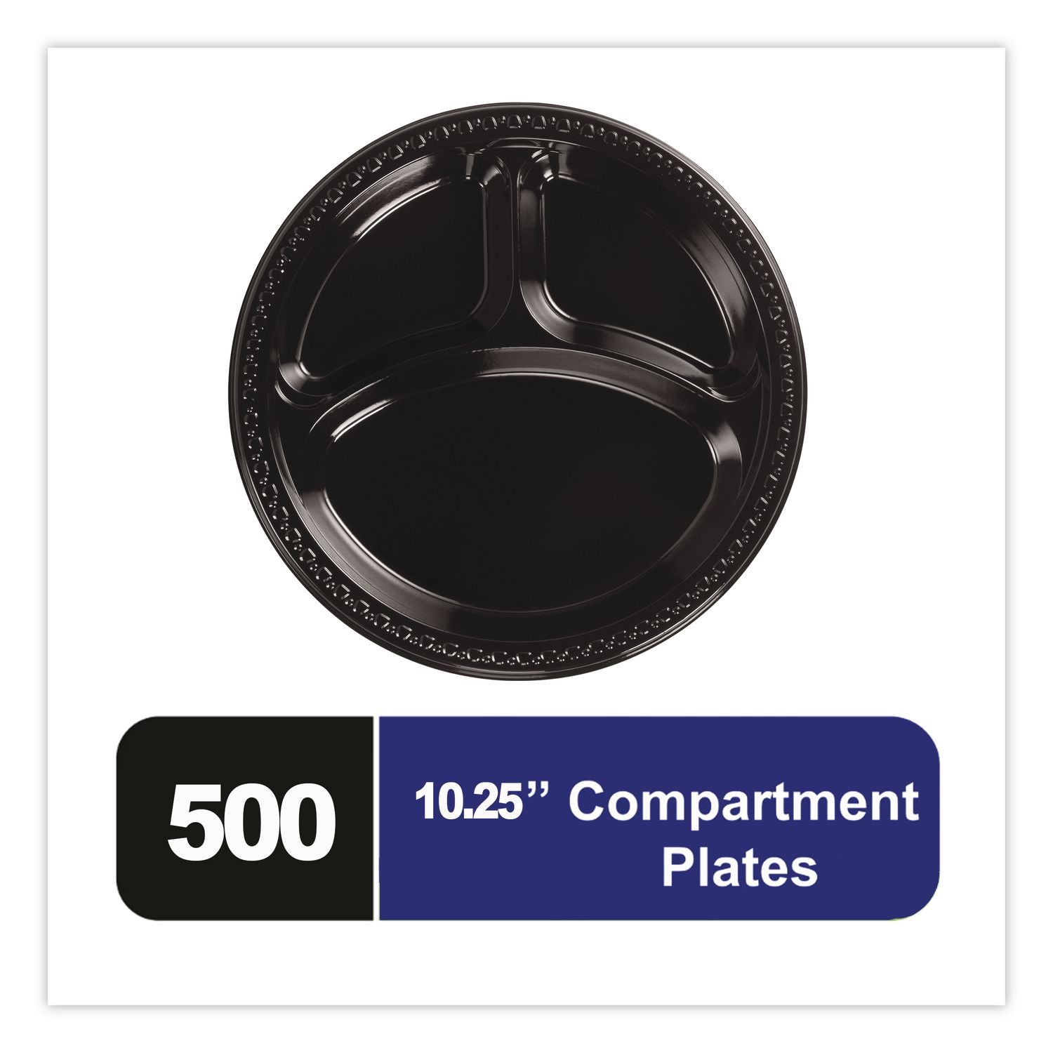 Heavyweight Plastic 3-Compartment Plates, 10.25" dia, Black, 125/Pack 4 Packs/Carton