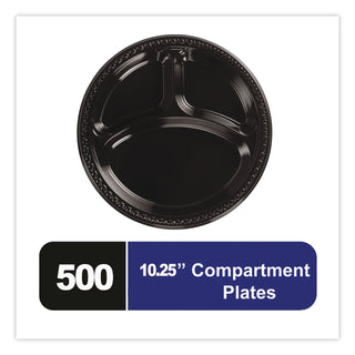 Heavyweight Plastic 3-Compartment Plates, 10.25" dia, Black, 125/Pack 4 Packs/Carton