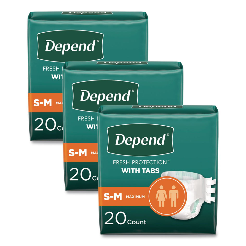 Incontinence Protection with Tabs, Small/Medium, 19" to 34" Waist, 20/Pack, 3 Packs/Carton