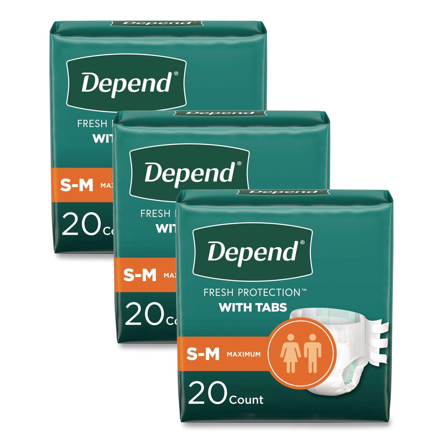 Incontinence Protection with Tabs, Small/Medium, 19" to 34" Waist, 20/Pack, 3 Packs/Carton