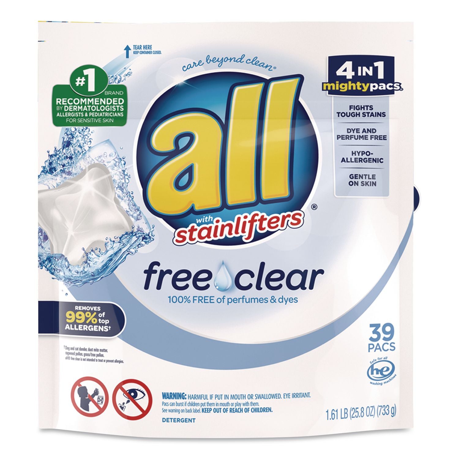 Mighty Pacs Free and Clear Super Concentrated Laundry Detergent, 39/Pack, 6 Packs/Carton