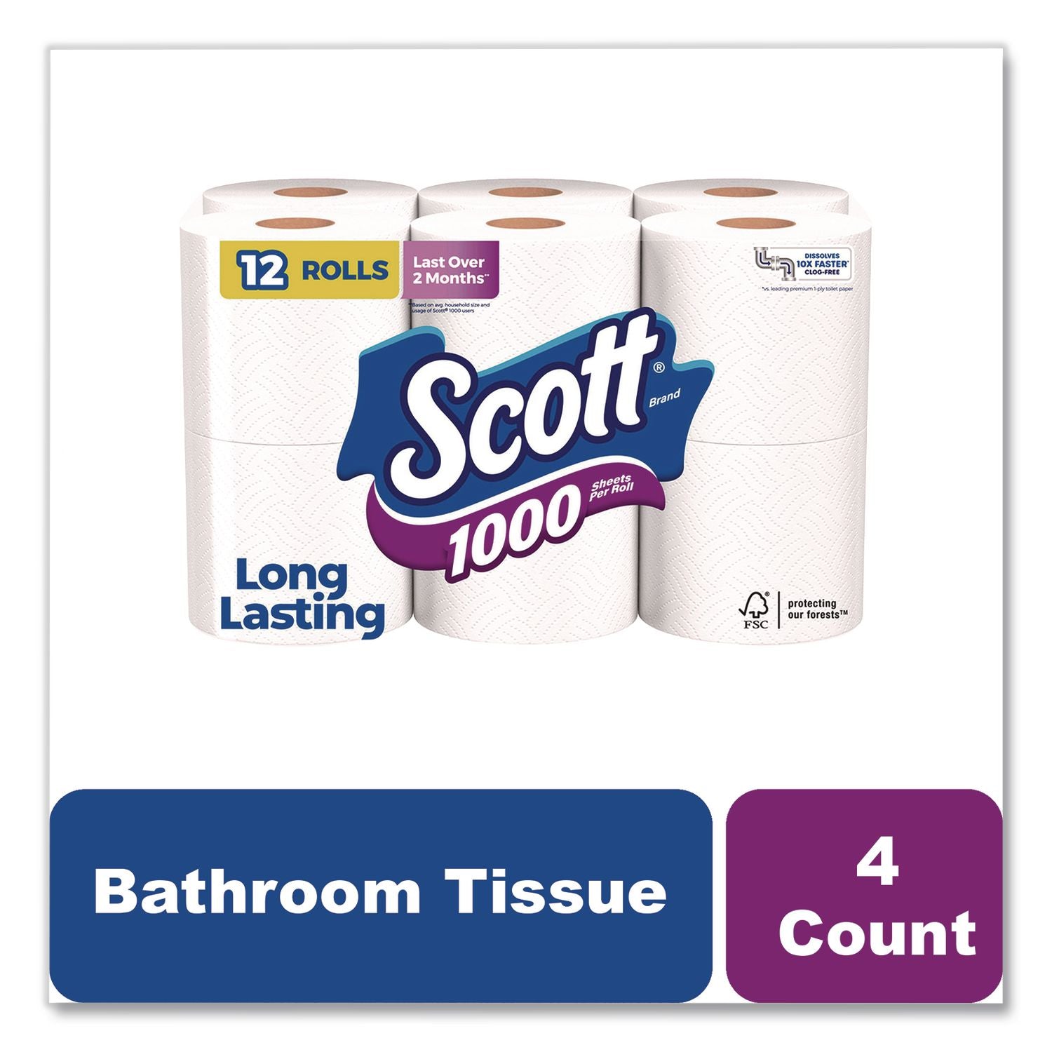 Toilet Paper, Septic Safe, 1-Ply, White, 1,000 Sheets/Roll, 12 Rolls/Pack, 4 Pack/Carton