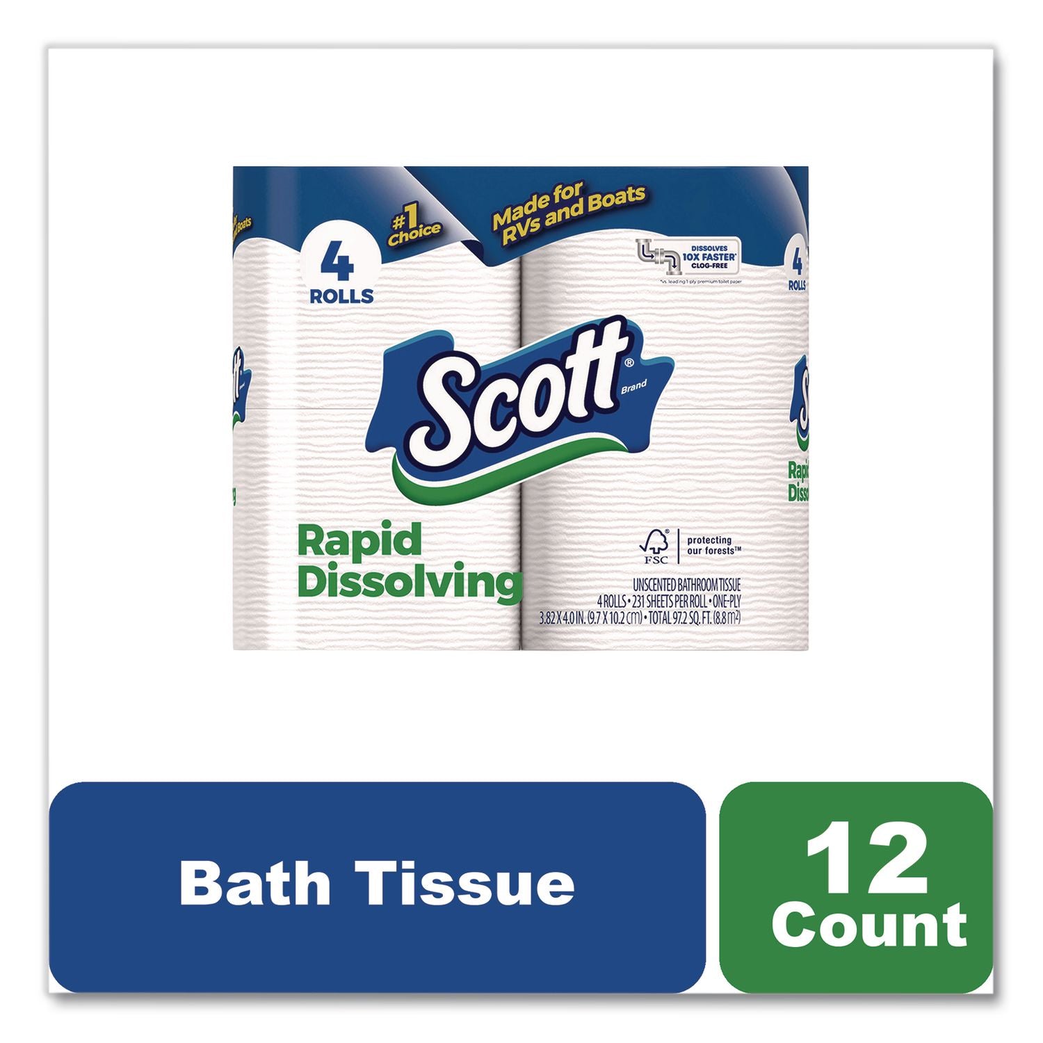 Rapid-Dissolving Toilet Paper, Bath Tissue, Septic Safe, 1-Ply, White, 231 Sheets/Roll, 4/Rolls/Pack, 12 Packs/Carton