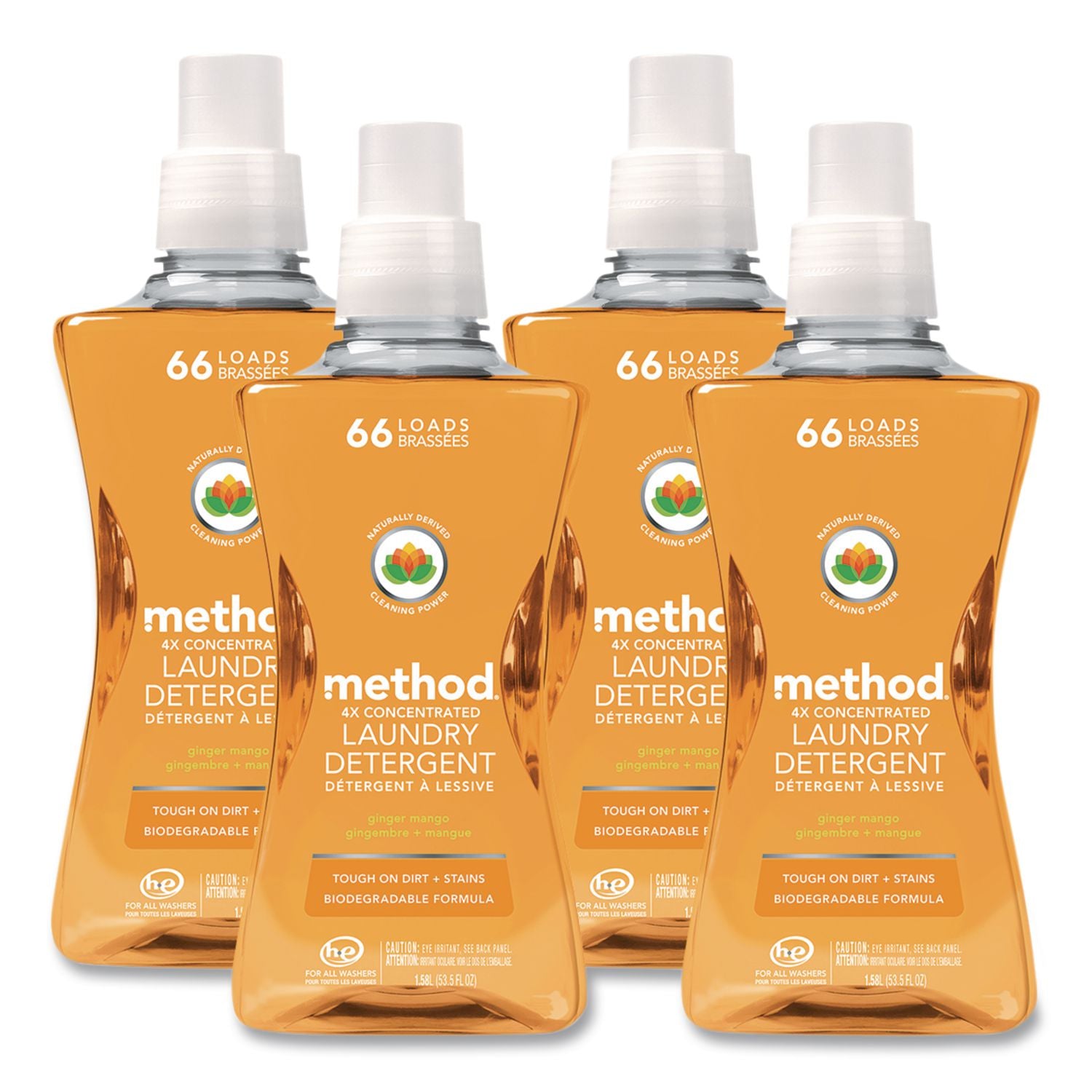 4X Concentrated Laundry Detergent, Ginger Mango, 53.5 oz Bottle, 4/Carton