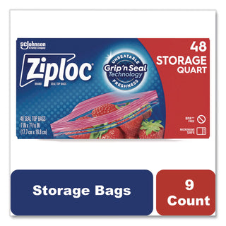 Double Zipper Storage Bags, 1 qt, 1.75 mil, 9.63" x 8.5", Clear, 9/Carton