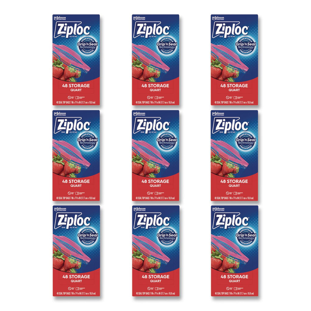 Double Zipper Storage Bags, 1 qt, 1.75 mil, 9.63" x 8.5", Clear, 9/Carton