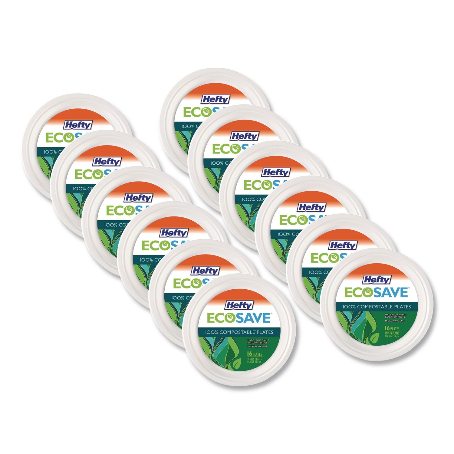 ECOSAVE Tableware, Plate, Bagasse, 10.13" dia, White, 16/Pack