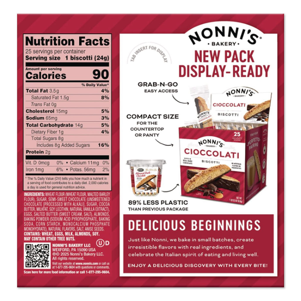 Biscotti, Dark Chocolate Almond, 0.85 oz Individually Wrapped, 25/Pack, Ships in 1-3 Business Days
