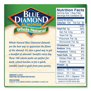 Whole Natural Almonds On-the-Go, 0.63 oz Pouch, 32 Pouches/Carton, Ships in 1-3 Business Days