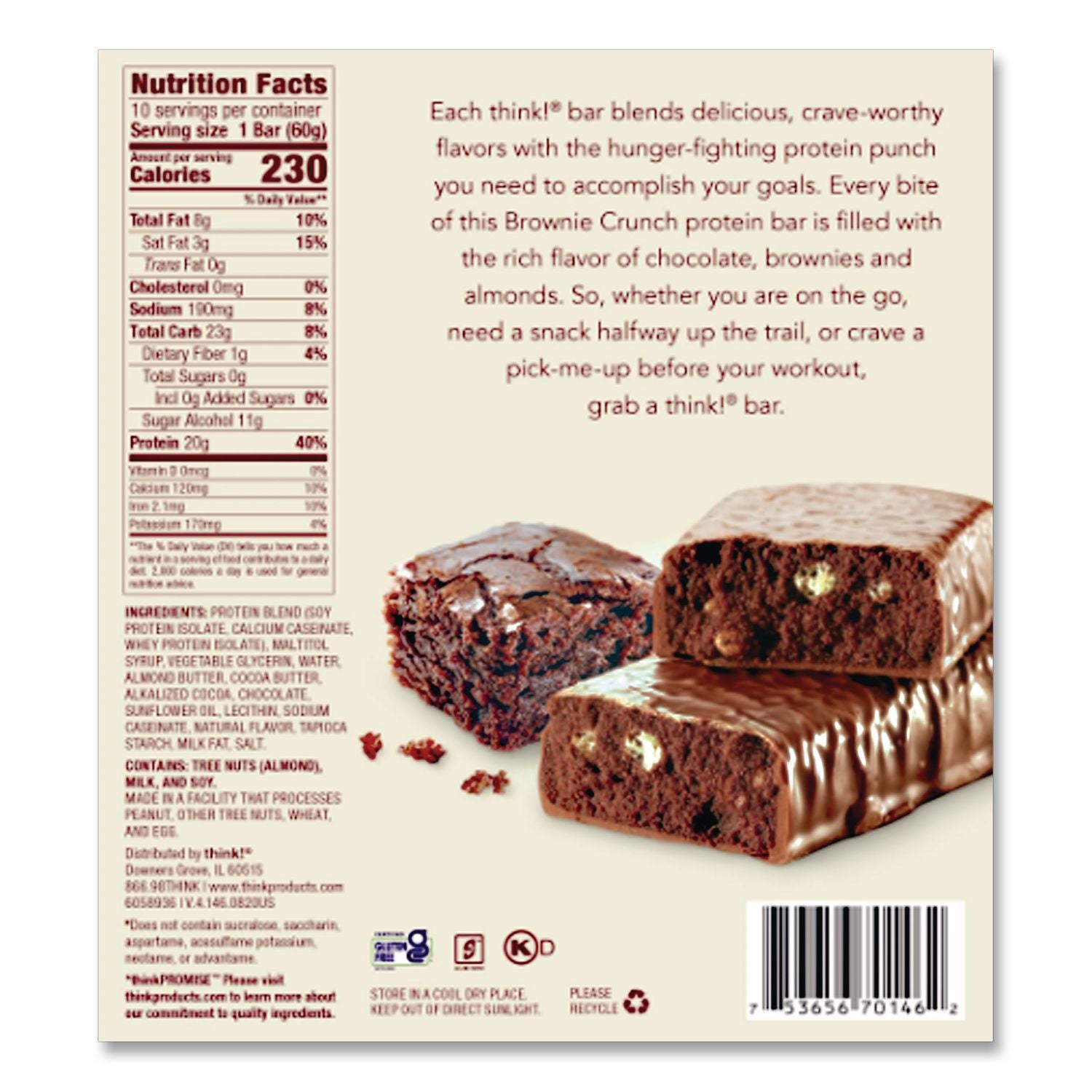 High Protein Bars, Brownie Crunch, 2.1 oz Bar, 10 Bars/Carton, Ships in 1-3 Business Days