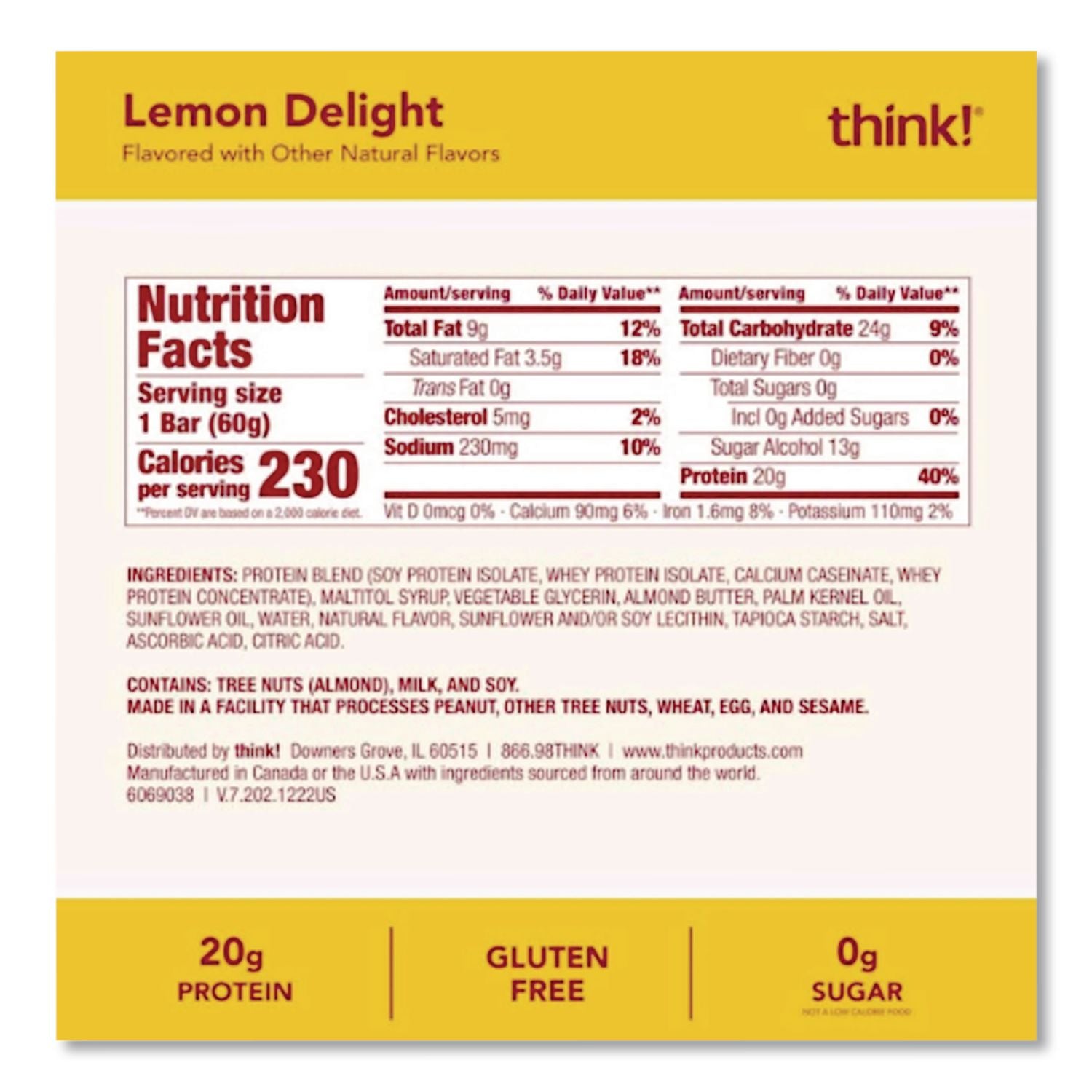 High Protein Bars, Lemon Delight, 2.1 oz Bar, 10 Bars/Carton, Ships in 1-3 Business Days