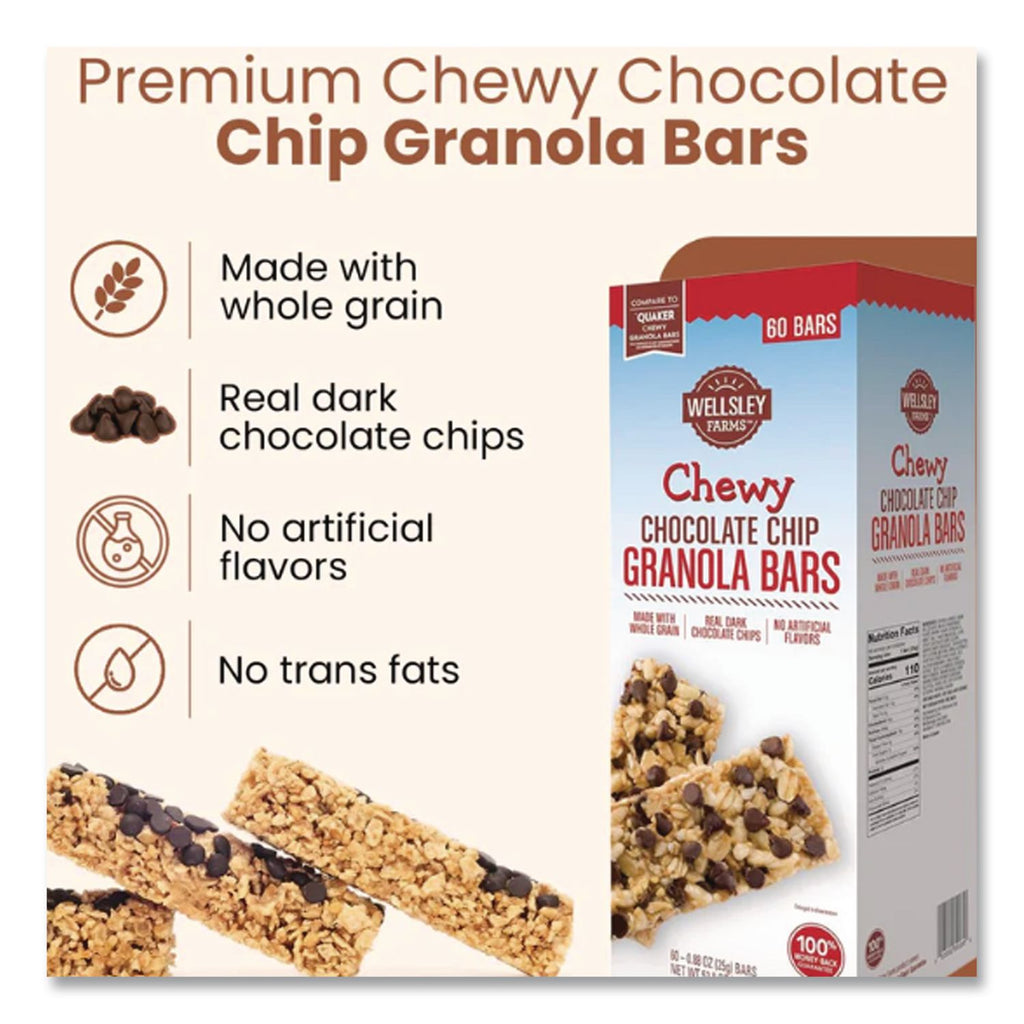 Chewy Chocolate Chip Granola Bars, 0.88 oz Bar, 60 Bars/Box, Ships in 1-3 Business Days