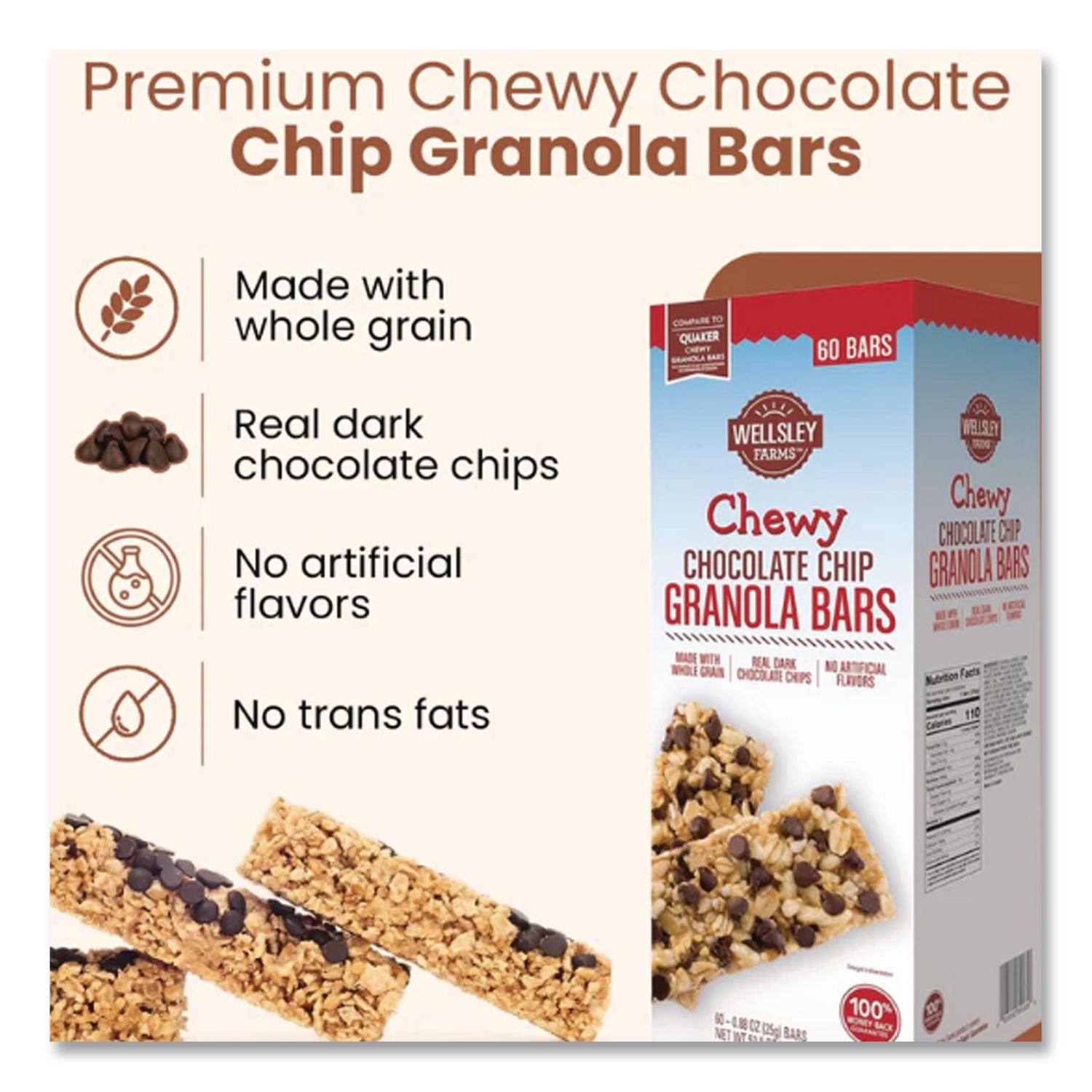 Chewy Chocolate Chip Granola Bars, 0.88 oz Bar, 60 Bars/Box, Ships in 1-3 Business Days