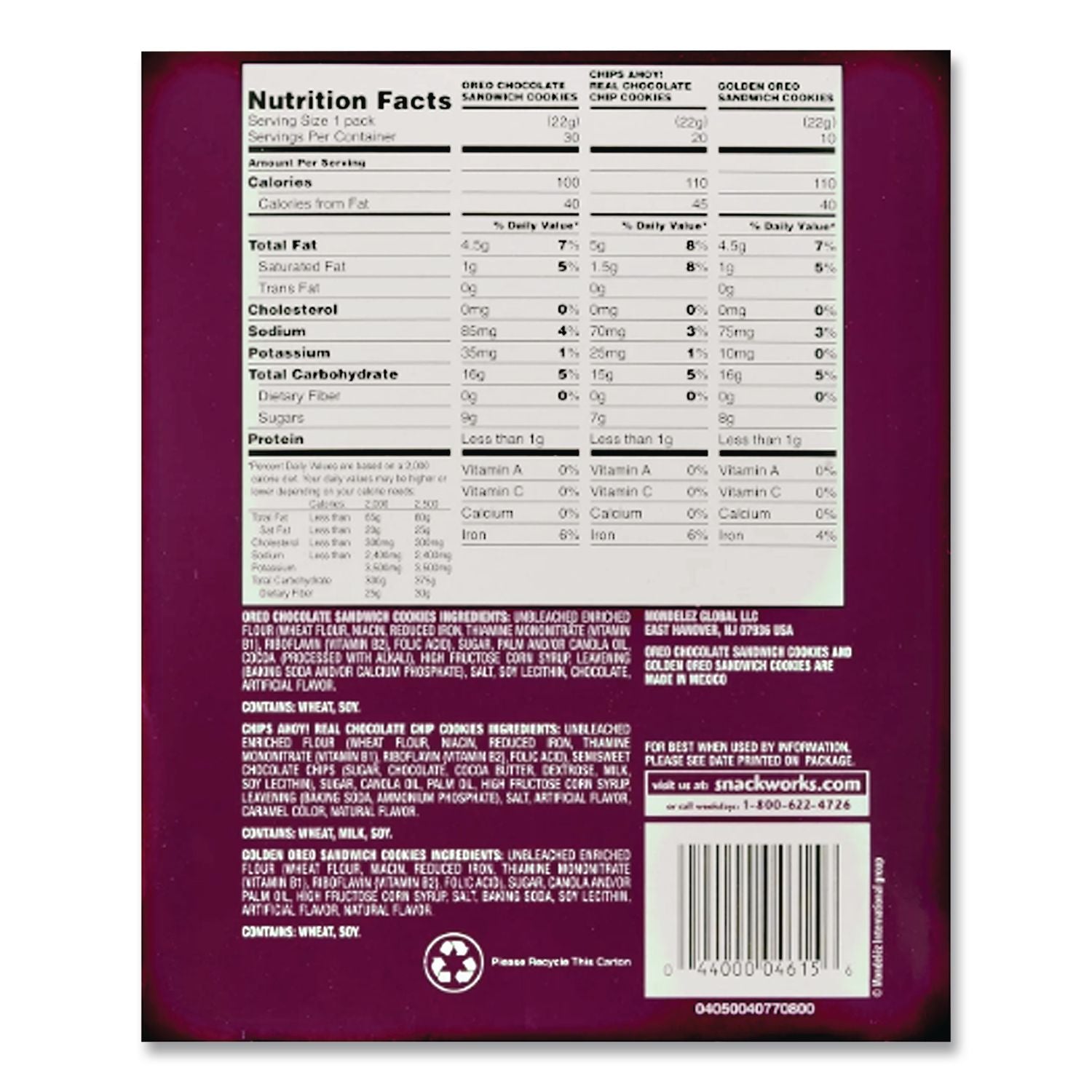 Cookie Variety Pack, Assorted Flavors, 0.77 oz Pack, 60 Packs/Carton, Ships in 1-3 Business Days
