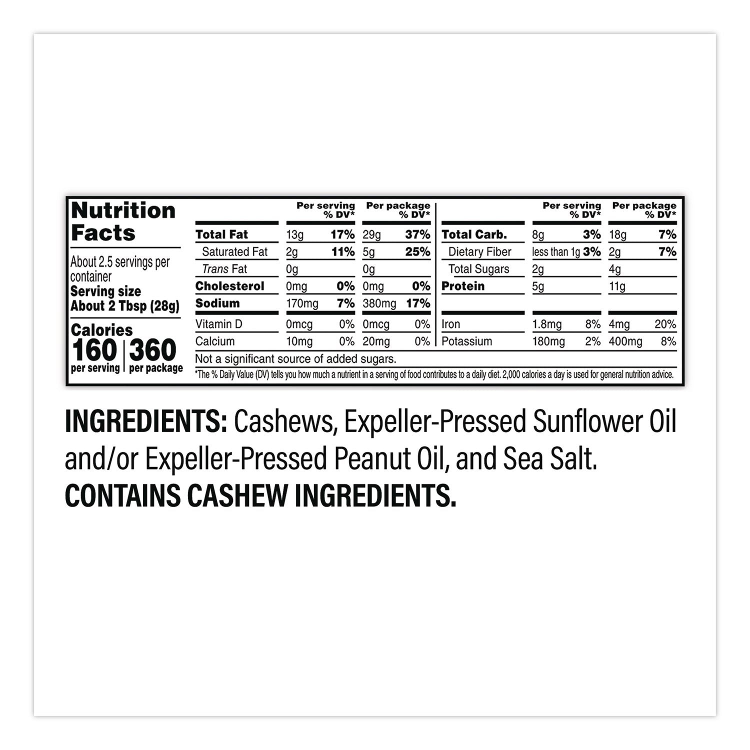 Sea Salted Whole Cashews, 2.25 oz Pouch, 8/Carton, Ships in 1-3 Business Days