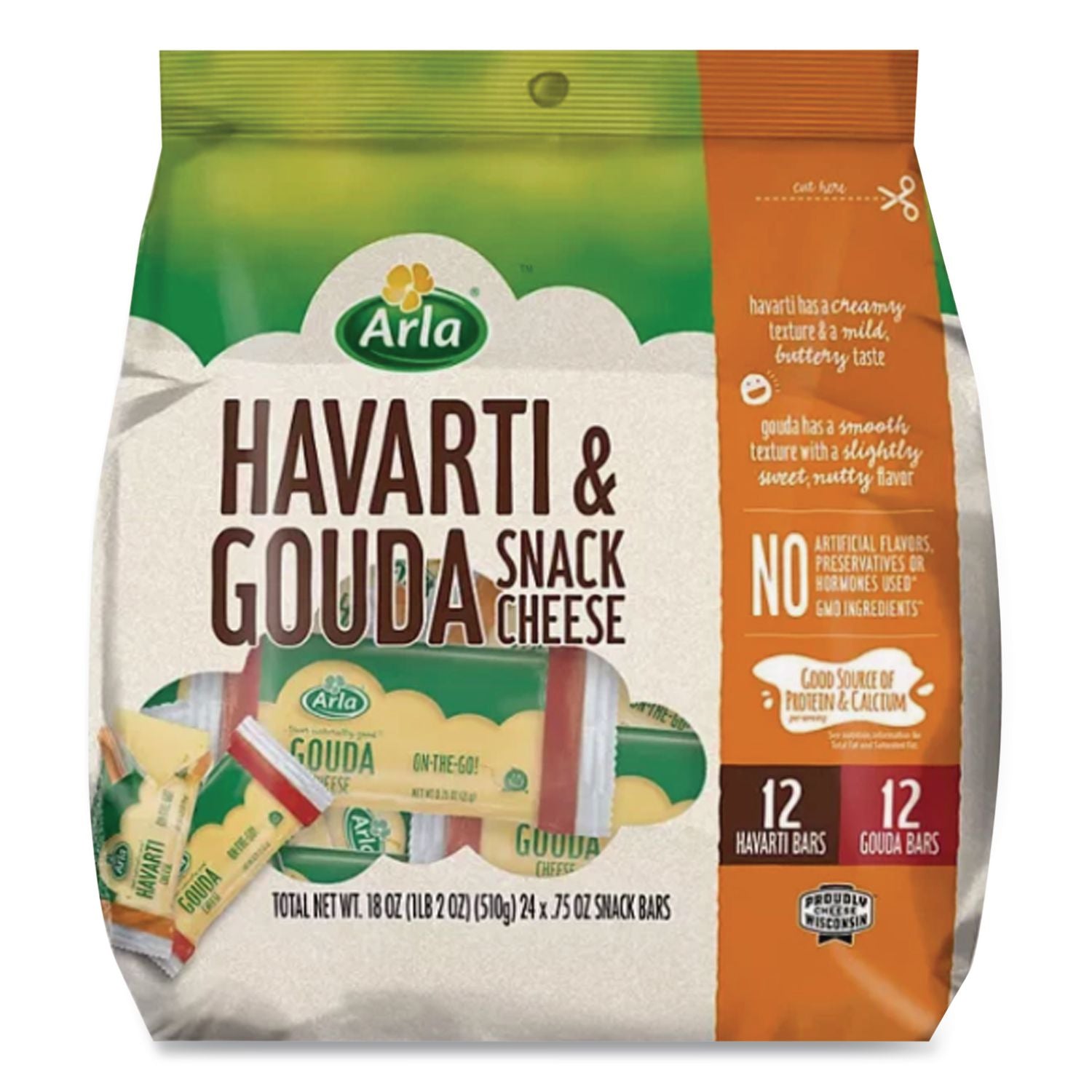 Havarti and Gouda Cheese Snack Bars, 0.75 oz Bars, 24 Bars/Carton, Ships in 1-3 Business Days