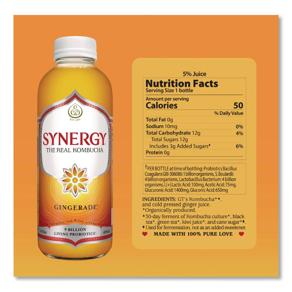 Organic Raw Kombucha Gingerade, 16.2 oz Bottle, 6/Carton, Ships in 1-3 Business Days